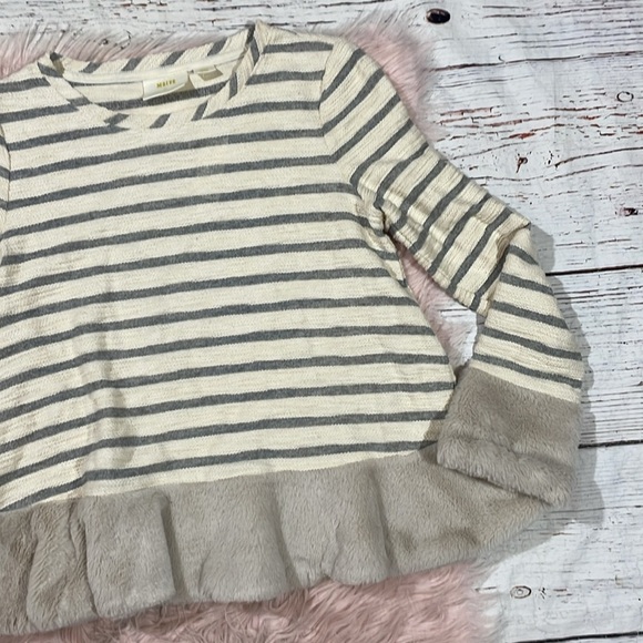 NWT Anthropologie Maeve Astor Fur Trimmed Gray-Cream Striped Pullover Sweater - Picture 7 of 10